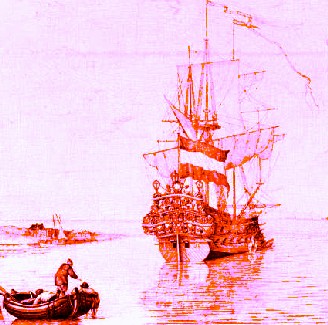 Rowboat in Front of Man of War